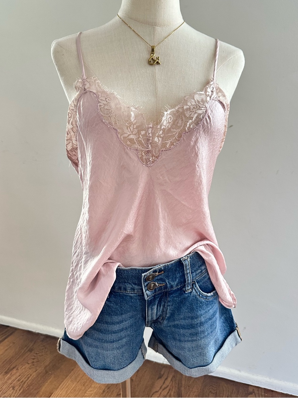 NWT All In Favor Blush Pink Lace Trim Satin Cami Soft Girl Boho Tank XL